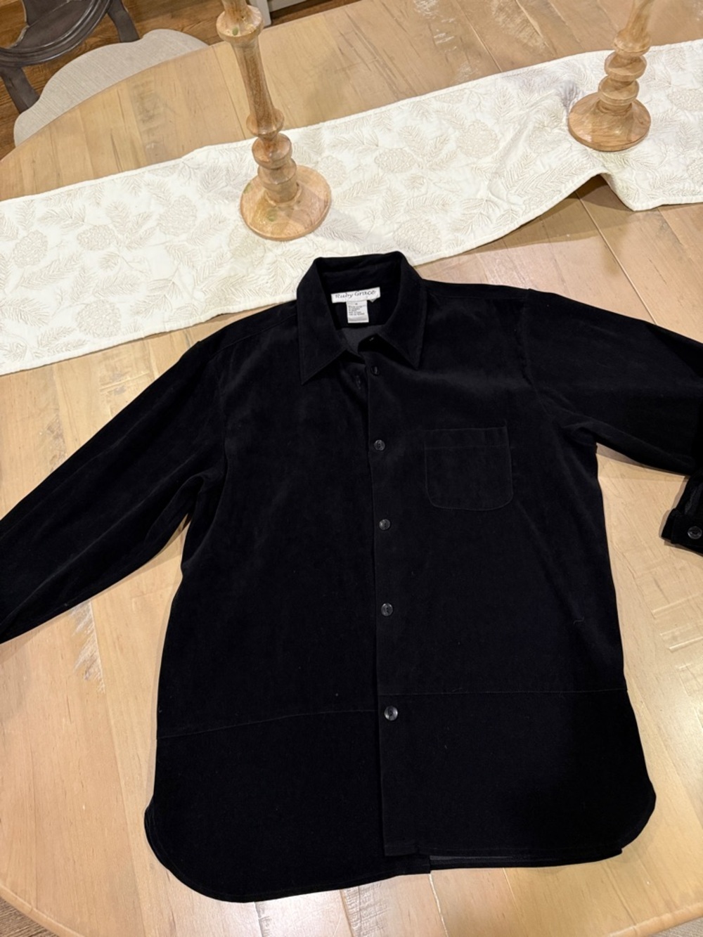 Black Button-Up Shirt Jacket by Ruby Grace. Ultrasuede